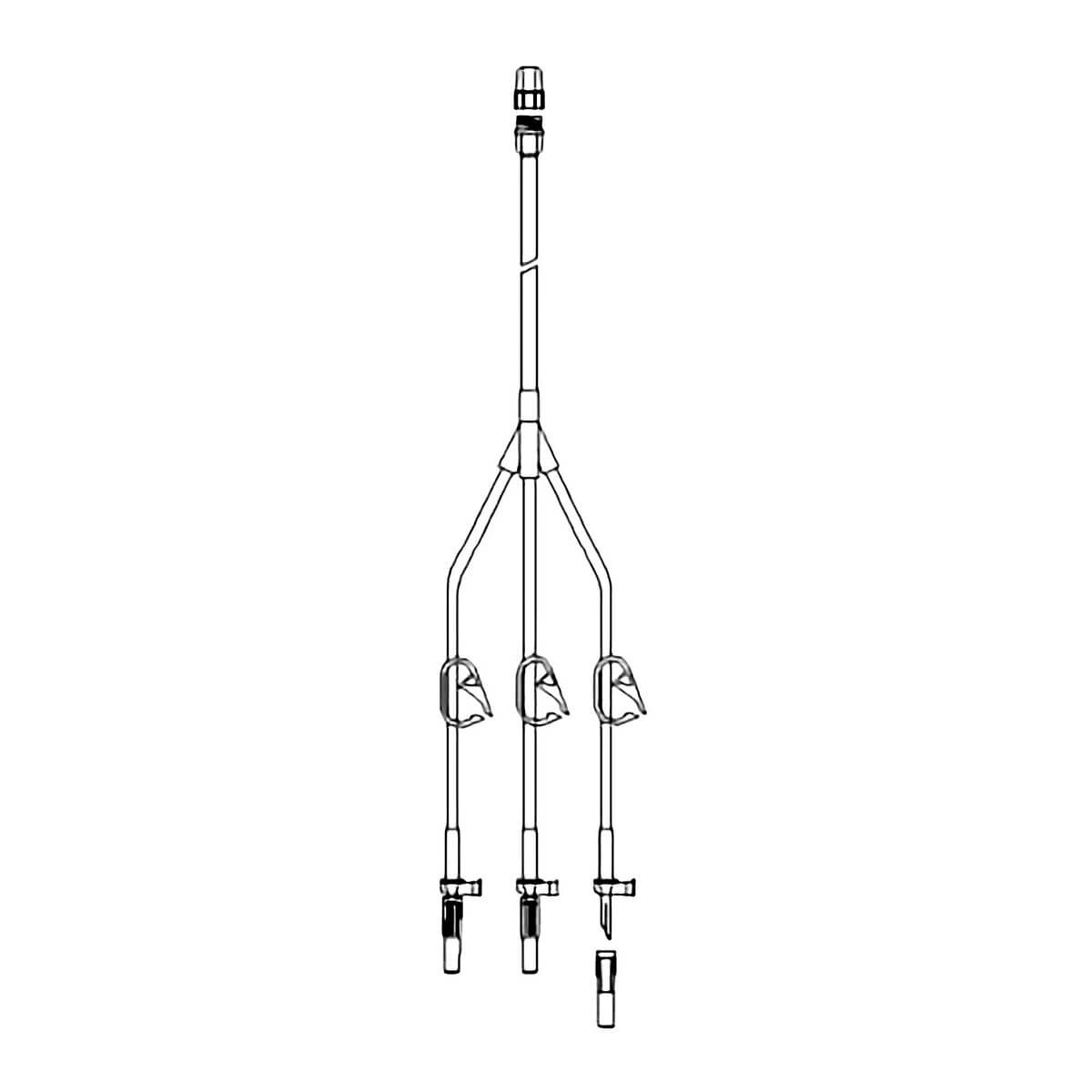Technical diagram of a Metrix Secure three-leg gravity fill set with vented spikes and female screw connector